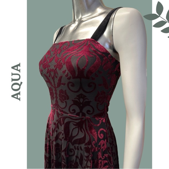 Aqua Burnout Velvet Baroque Burgundy Black High Low Lined Dress Stretch Small - Picture 6 of 11